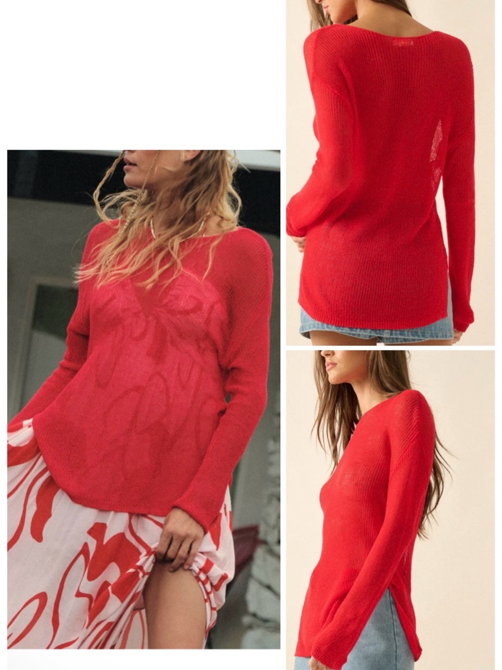 Promesa Sheer We Go Lightweight Knit Loose-Fit Sweater Cherry Tomato Small EUC